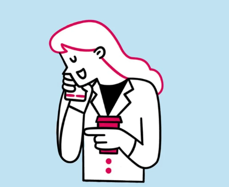 A happy lady with the coffee because she know what happens to bank accounts when someone dies