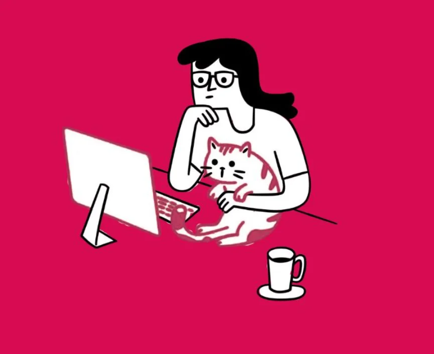 A women with her cat online, using the free online probate checker tool at Online Wills and Probate.